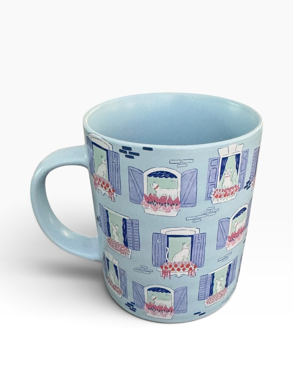 Pastel Blue Ceramic Mug with Window Cat Motif
